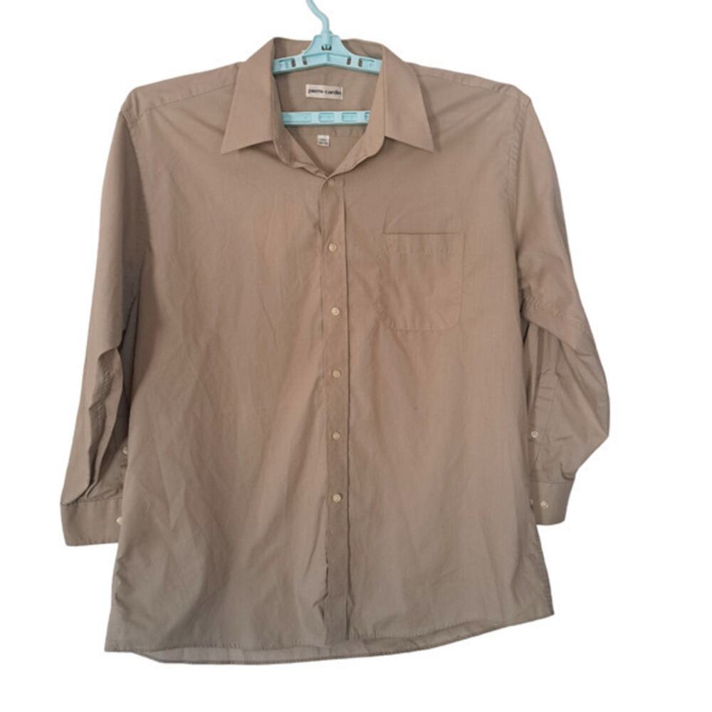 Pierre Cardin Womens 3/4 Sleeve Collared Button Dress Shirt Brown Sz 17.5 32/33
